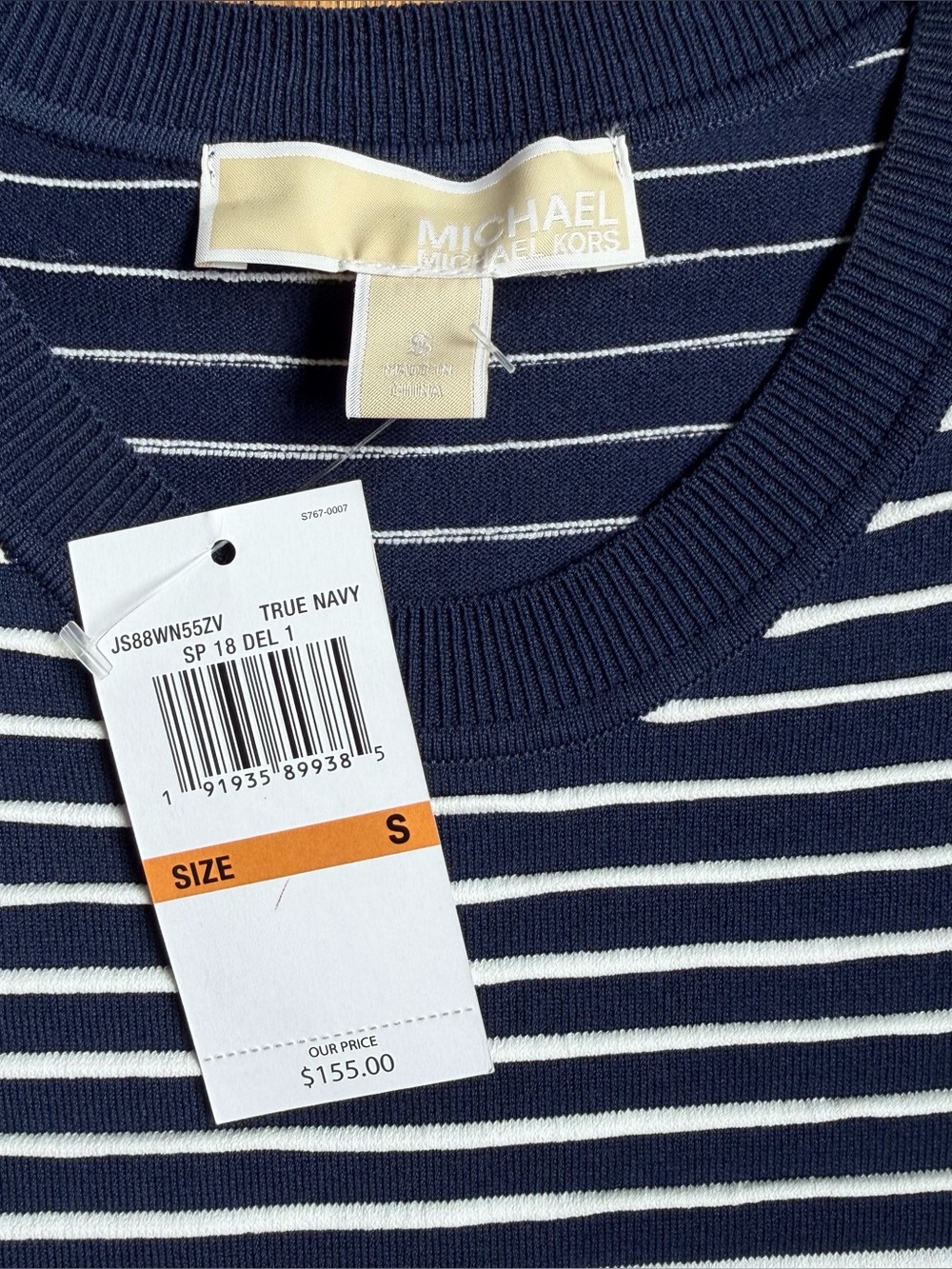 NWT Michael Kors True Navy & White Striped Short Sleeve Sweater Size S